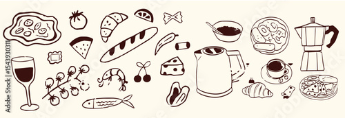 Hand-drawn Italian pizza illustrations set featuring a variety of whole and sliced pizzas, toppings, and decorative ingredients.