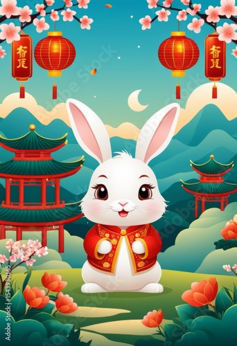 Cartoon Rabbit Lantern Flowers in Chinese Landscape