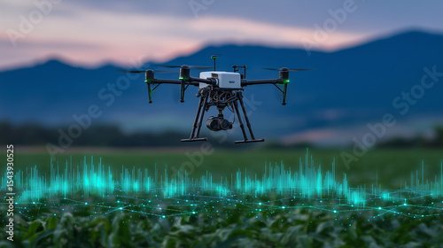 Drone flying over vast farmland, spraying precision biotechnology seed treatments, with digital map overlays tracking soil health and growth predictions in real time