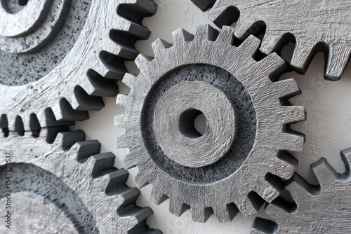 Interlocking Silver Gears - Close-up of several interlocking silver gears, showing intricate detail and texture. Perfect for industrial, engineering, or technology concepts