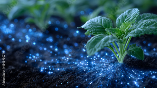 Close-up of healthy, green plant leaves grown from biotech seeds, with visible root system embedded in soil rich with biotech microbe colonies glowing subtly
