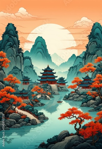 Chinese style landscape line decorative background