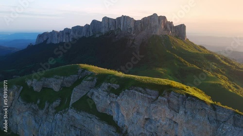 Aerial view of national park Bolshoy Tkhach in Caucasus Mountains with sunset or sunrise