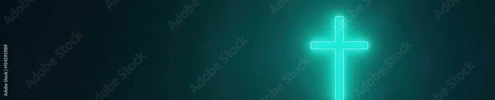 Fototapeta premium Teal neon cross glowing vibrantly against a dark backdrop , faith, energy