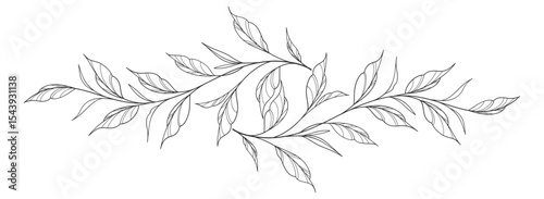 floral leaves line art isolated on white background. Divider doodle leaf and flowers, nature border decorative element vector illustration