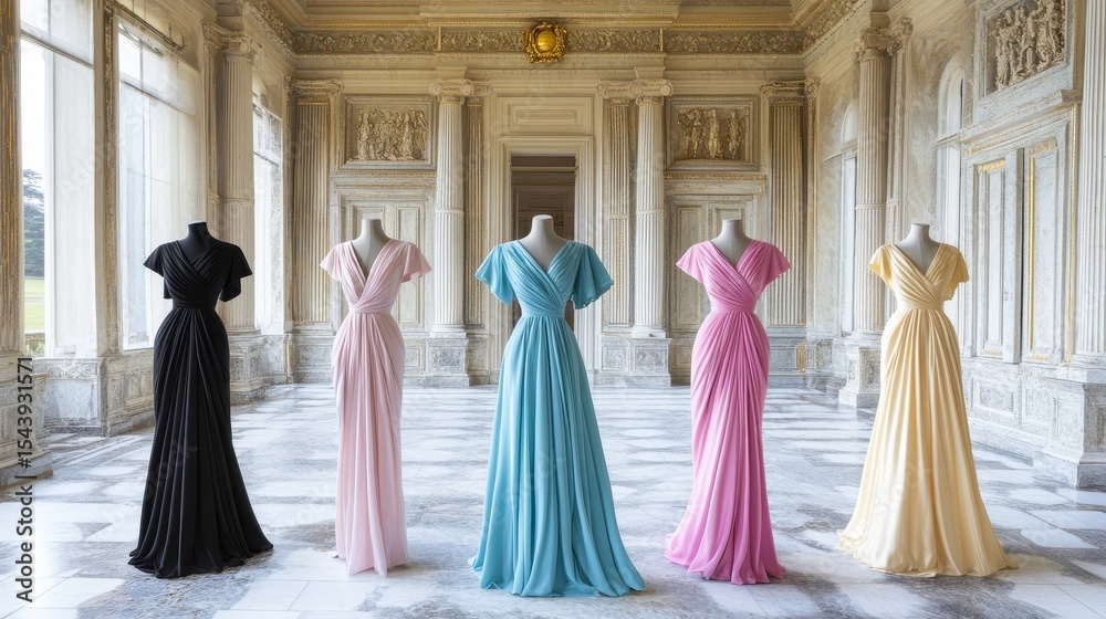Fototapeta premium Elegant evening gowns displayed in a grand hall.