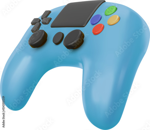 3D Blue Game Controller Icon – Realistic Console Joystick in Cartoon Plastic Style Isolated on White Background