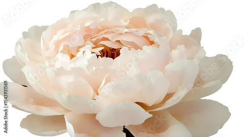 A delicate, creamy-peach peony blossom in full bloom, showcasing its intricate petals and subtle textures against a stark white background.