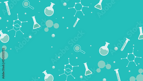 science themed background featuring lab equipment flasks test tubes molecules and magnifiers on a blue green color ideal for education medical or chemistry projects