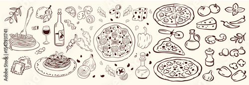 Hand-drawn Italian pizza illustrations set featuring a variety of whole and sliced pizzas, toppings, and decorative ingredients.