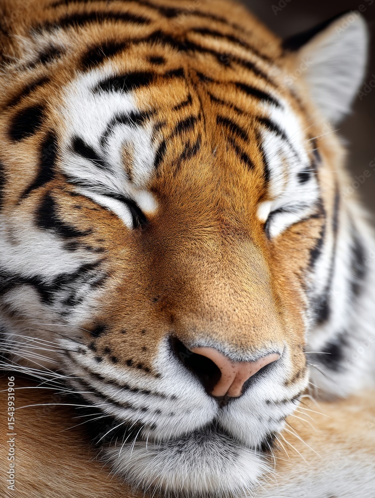 Naklejka premium Peaceful Slumber Close-up Tiger - Serene tiger resting, symbolizing peace, tranquility, power, wildlife, and nature's beauty