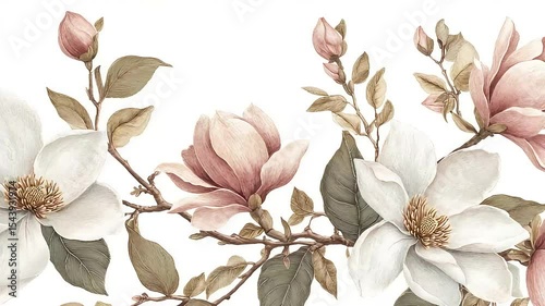 Delicate watercolor painting of magnolia blossoms and branches, showcasing soft pink and white flowers.