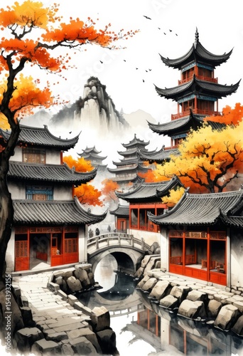 Illustration of ancient town with autumn ink painting in Chinese style