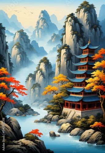 Chinese style painting Jiangshan illustration elements