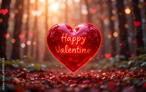 Happy Valentine's Day. A glowing red heart surrounded by soft lights in a peaceful forest setting.