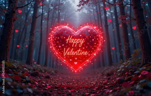 Happy Valentine's Day. A glowing red heart surrounded by soft lights in a peaceful forest setting.