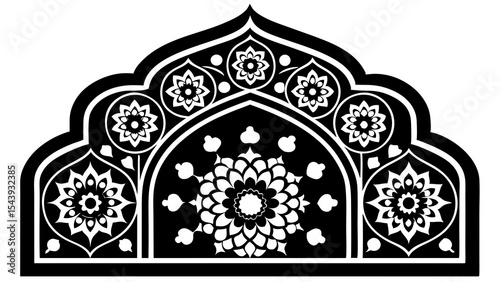 Black and white islamic arch floral design element