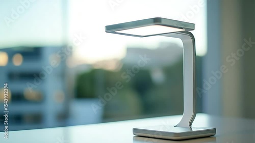 Sleek modern desk lamp illuminates a workspace, near a window with a blurred city backdrop.