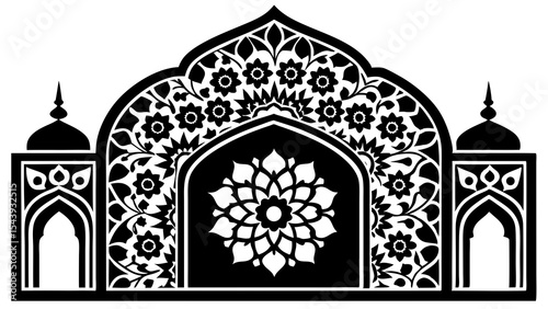 Black and white islamic archway design with floral motifs