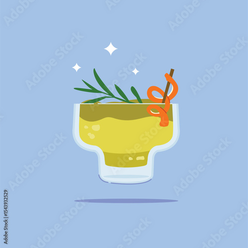 alcoholic fruit drink in mini glasses. Summer appetizer garnished with rosemary and orange peel