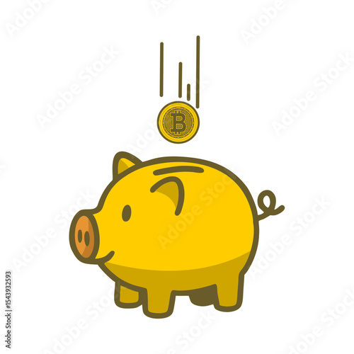 Vector of a golden piggy bank with bitcoin coins falling on it, depicting about saving crypto on white background