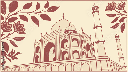 Taj mahal illustration with floral frame