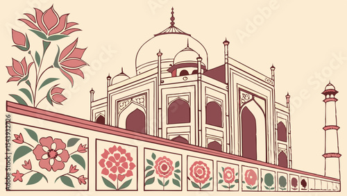 Taj mahal illustration with floral mughal design