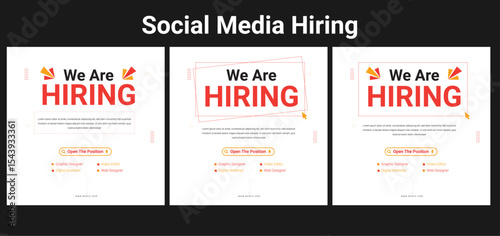 We are hiring job vacancy social media post banner design template with red color. We are hiring job vacancy square web banner design. Employee vacancy announcement. Illustration isolated