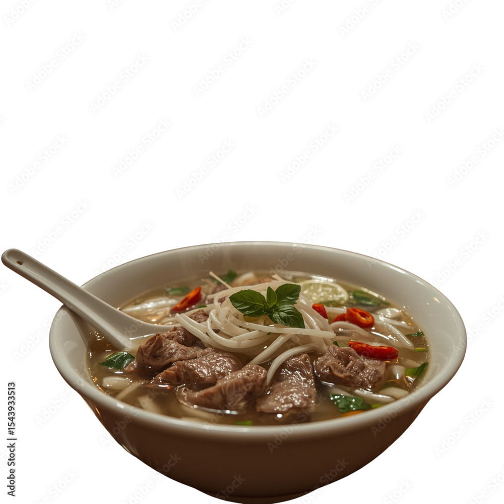 Steaming bowl of pho with beef, basil, bean sprouts, and chili Steaming bowl of pho with beef, basil, bean sprouts, and chili
