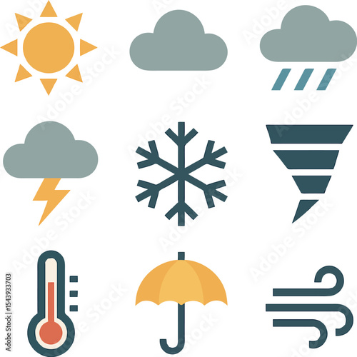 Flat weather icons featuring sun, storm, umbrella, snow, wind and temperature in a minimalist color palette.