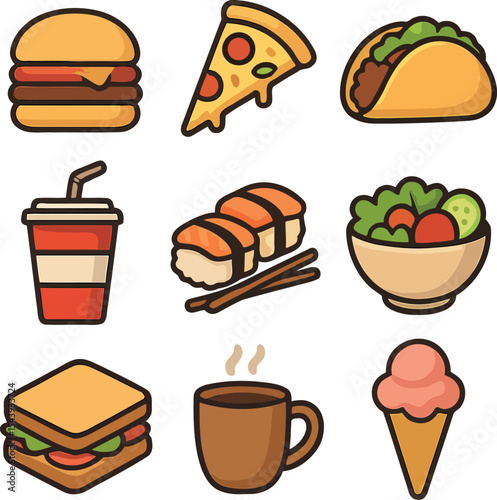 Set of colorful food icons including fast food, sushi, salad, coffee, and desserts for culinary content and menus.