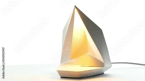 Modern geometric table lamp illuminates with warm light.