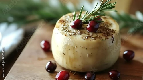 A close-up view features a round cheese wheel garnished with cranberries and rosemary sprigs, presented on a wooden surface.