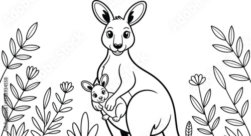 A coloring page of a kangaroo with a joey surrounded by floral elements