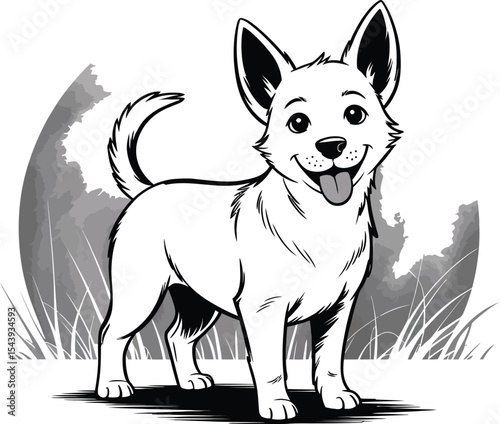 Illustration of a happy cartoon dog standing in front of a gray background