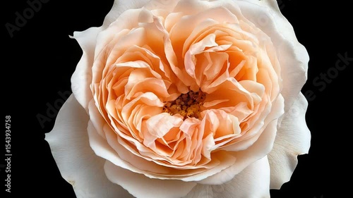 Close-up of a delicate, peach-colored rose, showcasing intricate petals and a rich center.