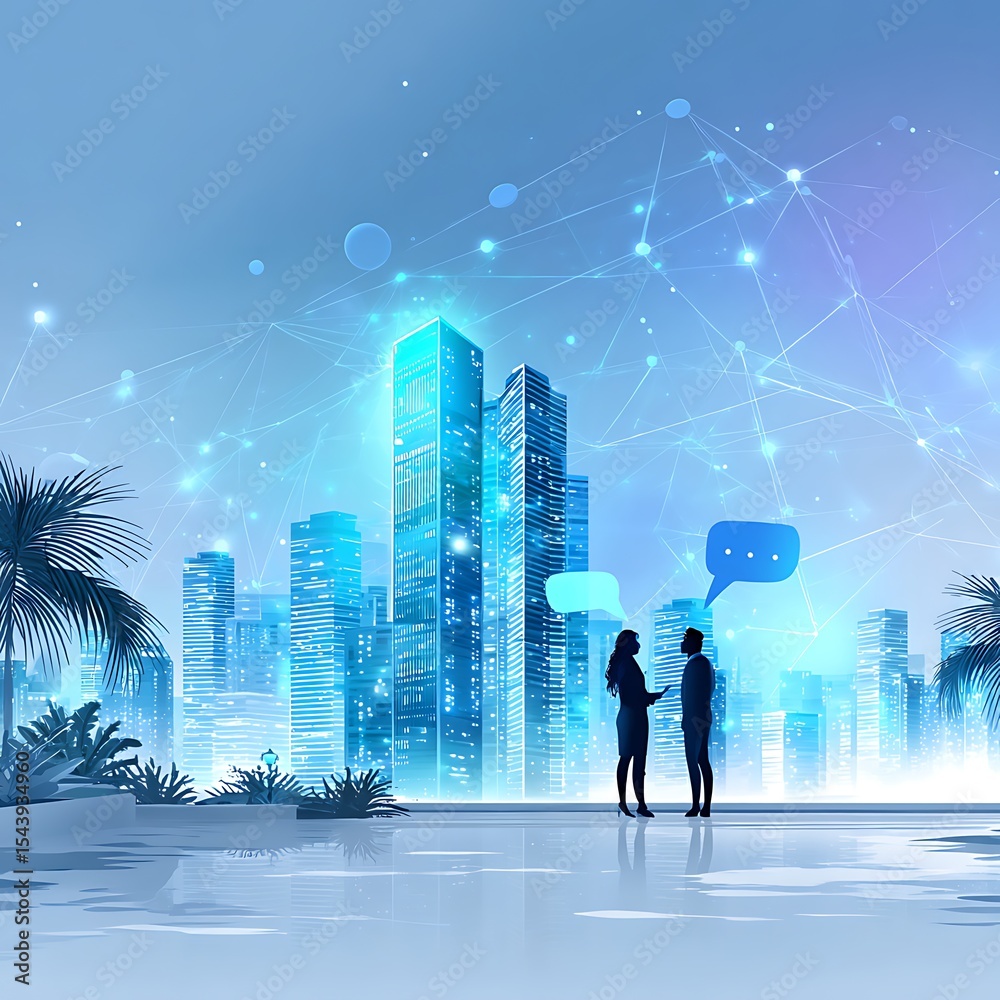 Obraz premium Futuristic city scene with silhouettes of people talking