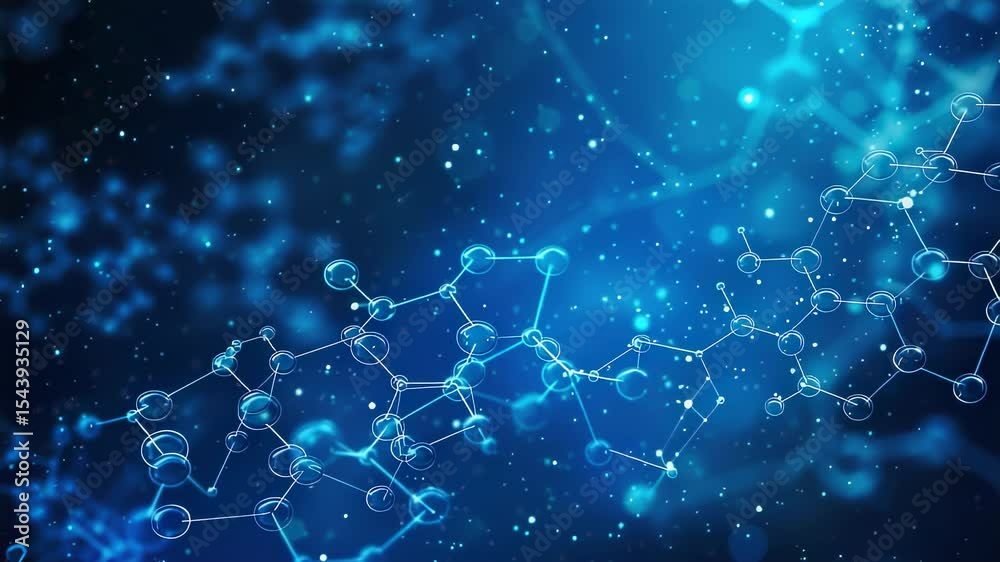 Abstract molecular structure in blue space with glowing particles, science and technology concept