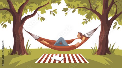 Person relaxing in hammock between trees with picnic blanket and book nearby