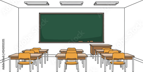 A classroom with desks chairs a blackboard and lights hanging from the ceiling