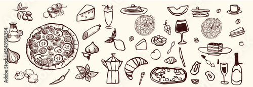 Hand-drawn Italian pizza illustrations set featuring a variety of whole and sliced pizzas, toppings, and decorative ingredients.