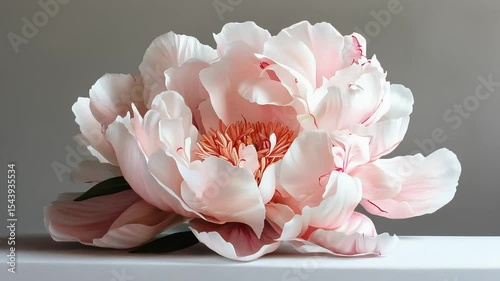 Close-up of a delicate pink peony flower, showcasing its intricate petals and soft texture.