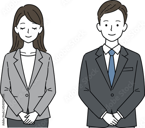 Professional business man and woman showing polite greetings, respectful postures, sincere apologies, humble expressions, and embodying excellent Japanese corporate etiquette and service.
