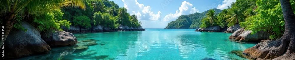 Fototapeta premium peaceful lagoon surrounded by lush greenery and vibrant marine life, sea life, aquatic plants