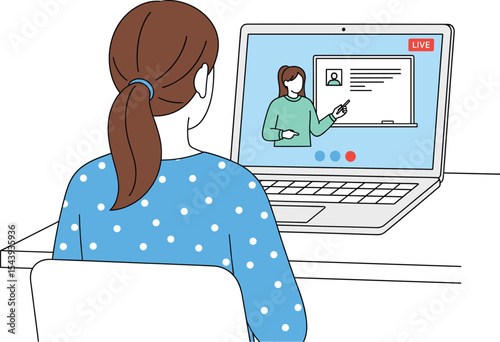 Young woman attending an online live stream class or webinar on her laptop, engaging in remote learning, virtual education, professional development, and digital content consumption from home.