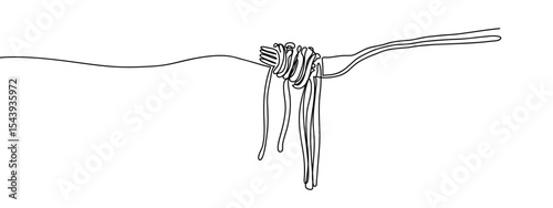 Continuous line, spaghetti rolled on a fork, food illustration Simple art lines on transparent background, editable strokes.