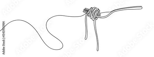 Continuous line, spaghetti rolled on a fork, food illustration Simple art lines on transparent background, editable strokes.