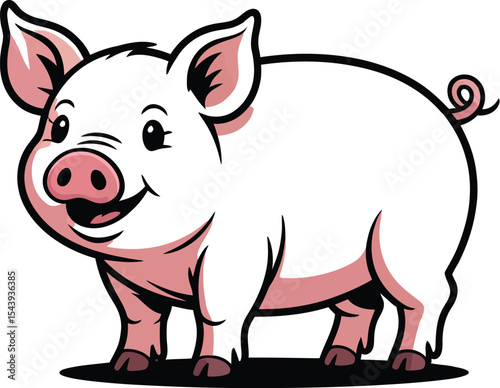Illustration of a pink pig with a curly tail on a white background art