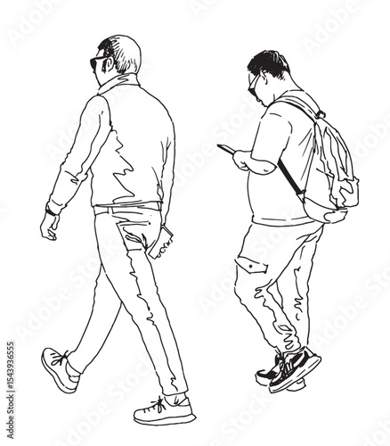 Contour drawing of two casual modern men pedestrians with smartphones walking outdoors, side view, realistic hand drawn vector illustration isolated on white