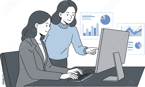 Two professional businesswomen collaborating at a desk, analyzing data, discussing financial reports, strategizing investments, and fostering teamwork in a dynamic office environment 